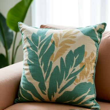 Cuscino decorativo con motivo a foglie di palma stilizzate, tessuto naturale